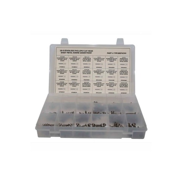 244 Piece Sheet Metal (Tapping) Screw Assortment - No 6 to No 14 - Phillips Flat Head - 304 SS